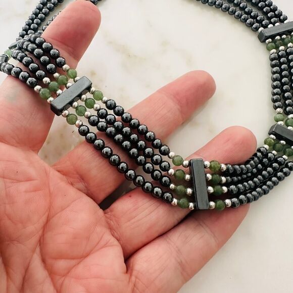 Vintage Hematite & Green Beaded Statement Necklace - Picture 9 of 10
